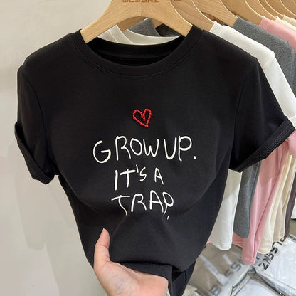 Gray love letters printed right shoulder short-sleeved T-shirt for women summer 2024 new style pure cotton round neck short top trendy