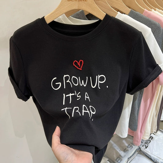 Gray love letters printed right shoulder short-sleeved T-shirt for women summer 2024 new style pure cotton round neck short top trendy