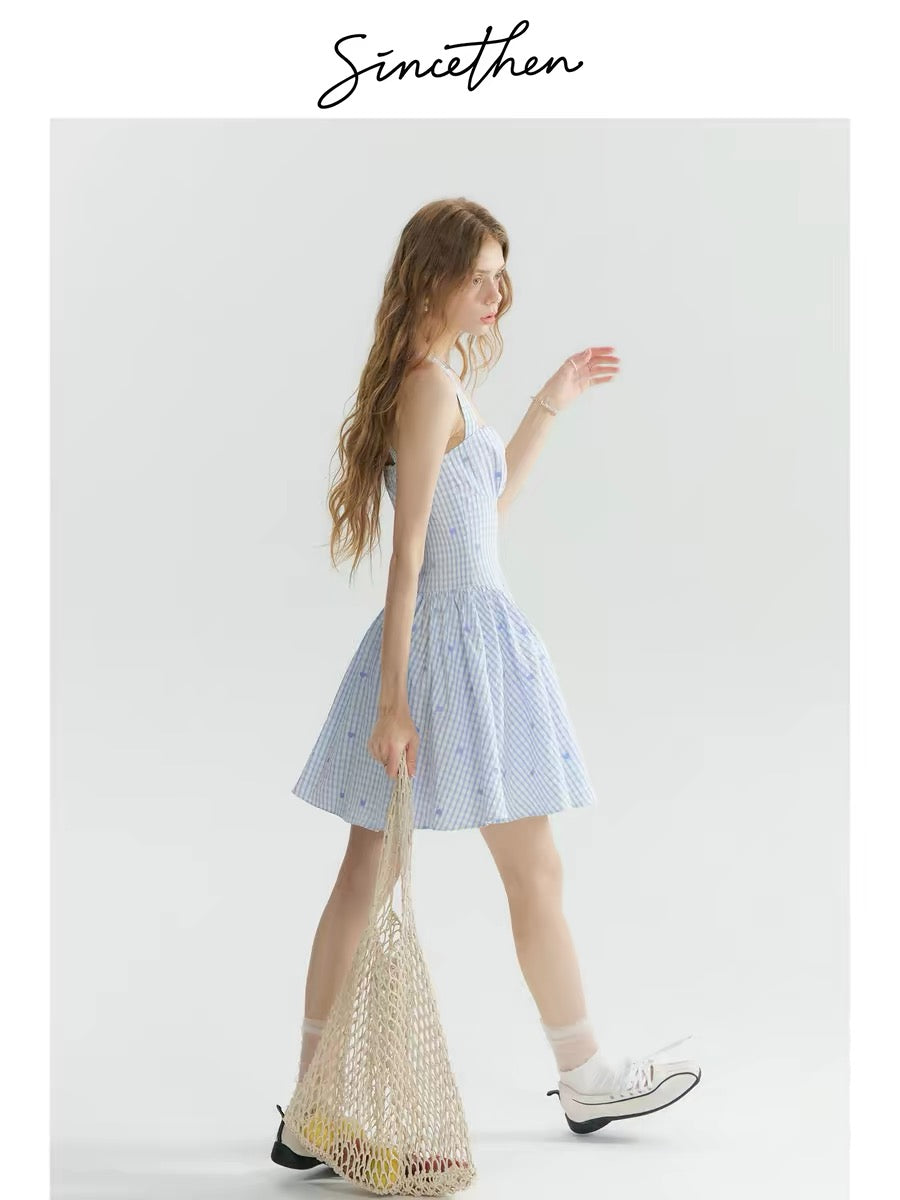 sincethen French style blue plaid mini dress short skirt suspender dress women's summer