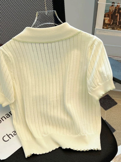Counters and shopping malls withdraw big-name women's clothing doll collar short-sleeved T-shirts for women in summer, gentle and age-reducing, slimming knitted tops