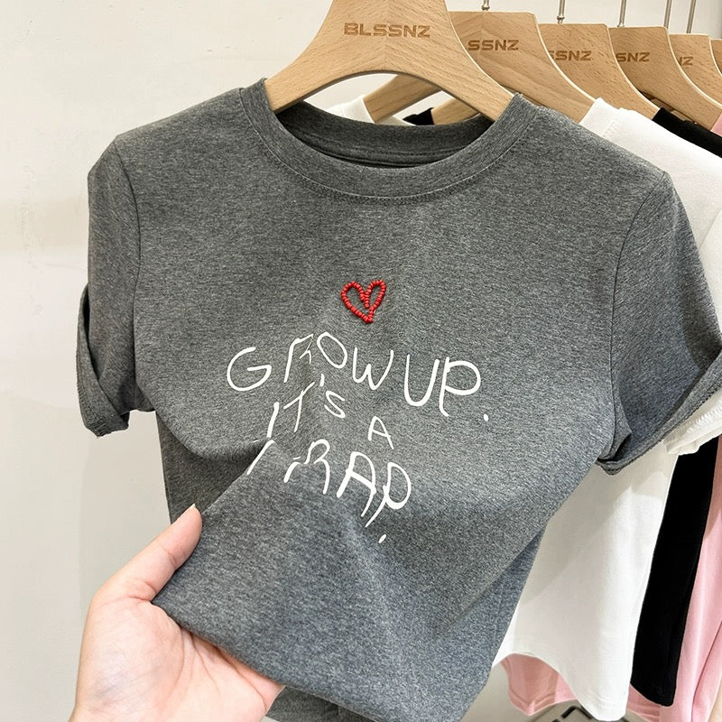 Gray love letters printed right shoulder short-sleeved T-shirt for women summer 2024 new style pure cotton round neck short top trendy