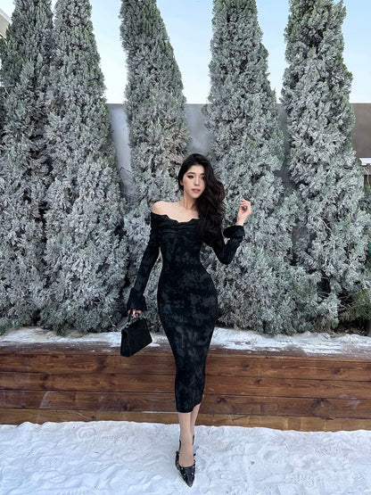 Luo Ge's wool roll spring and autumn high-end design sister style waist-cinching one-shoulder pleated over-the-knee dress for women
