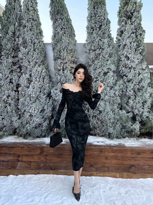 Luo Ge's wool roll spring and autumn high-end design sister style waist-cinching one-shoulder pleated over-the-knee dress for women