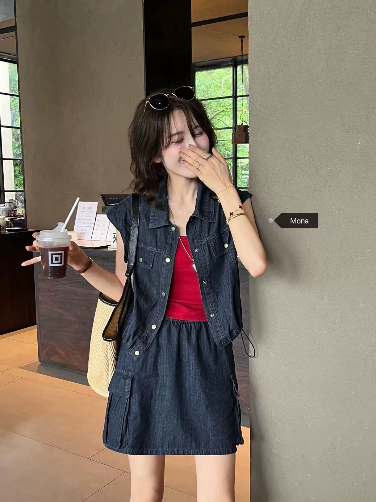 MONA dark denim work shirt skirt suit women's 2024 summer new casual two-piece set 6607