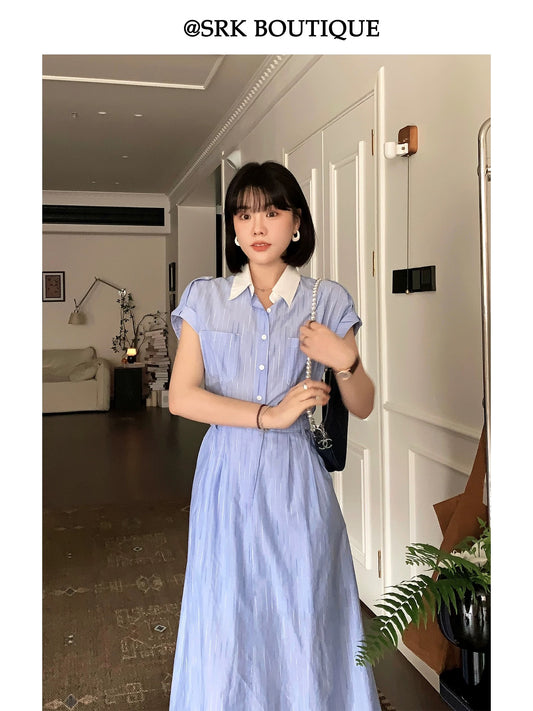 SRK French-style work shirt dress, refreshing blue stripes, elegant and sophisticated, slimming and flattering new style.