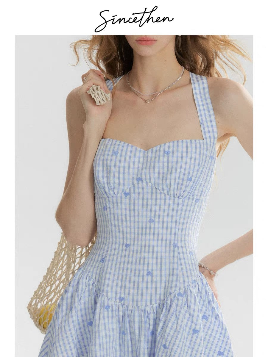 sincethen French style blue plaid mini dress short skirt suspender dress women's summer