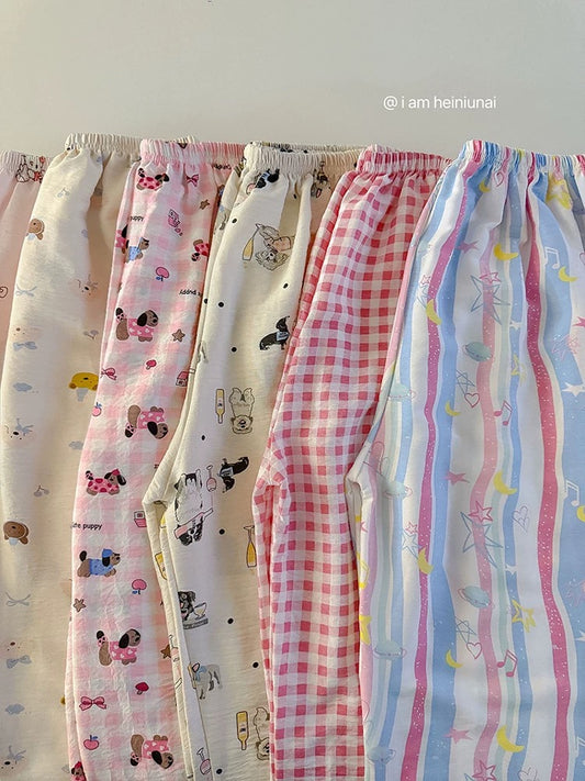 Age-reducing cartoon floral casual pants 2025 spring and summer new Korean women's clothing Western-style pajamas versatile wide-leg trousers trend