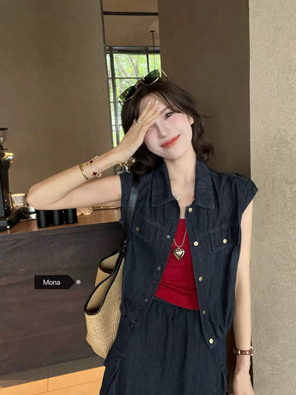 MONA dark denim work shirt skirt suit women's 2024 summer new casual two-piece set 6607