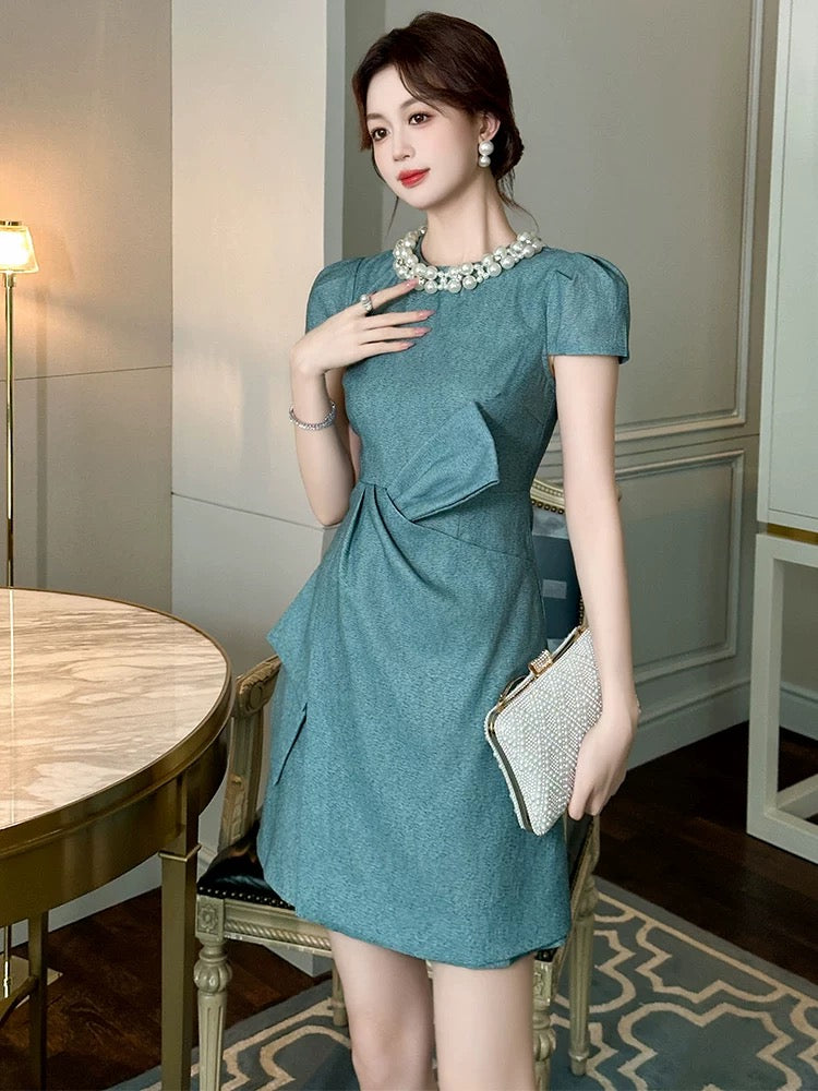 European station blue dress women's summer pearl collar French retro niche design waist slimming a-line skirt