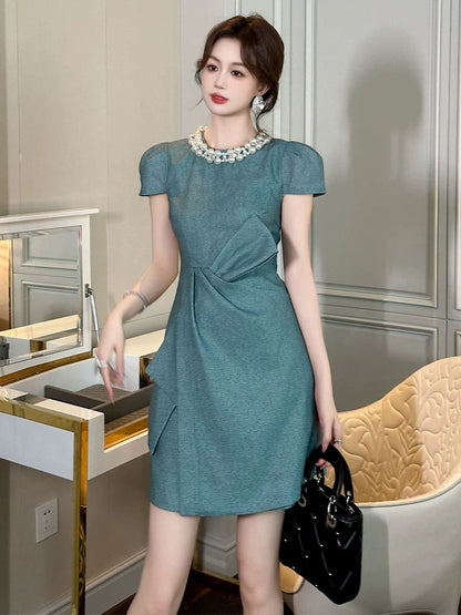 European station blue dress women's summer pearl collar French retro niche design waist slimming a-line skirt
