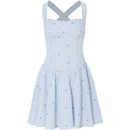 sincethen French style blue plaid mini dress short skirt suspender dress women's summer