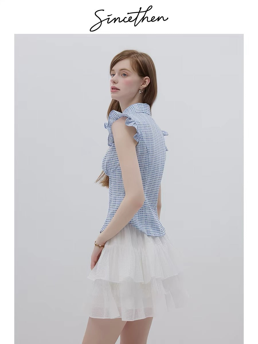Sincethen French retro style top, short-sleeved plaid t-shirt, blue shirt, Peter Pan collar, women's summer