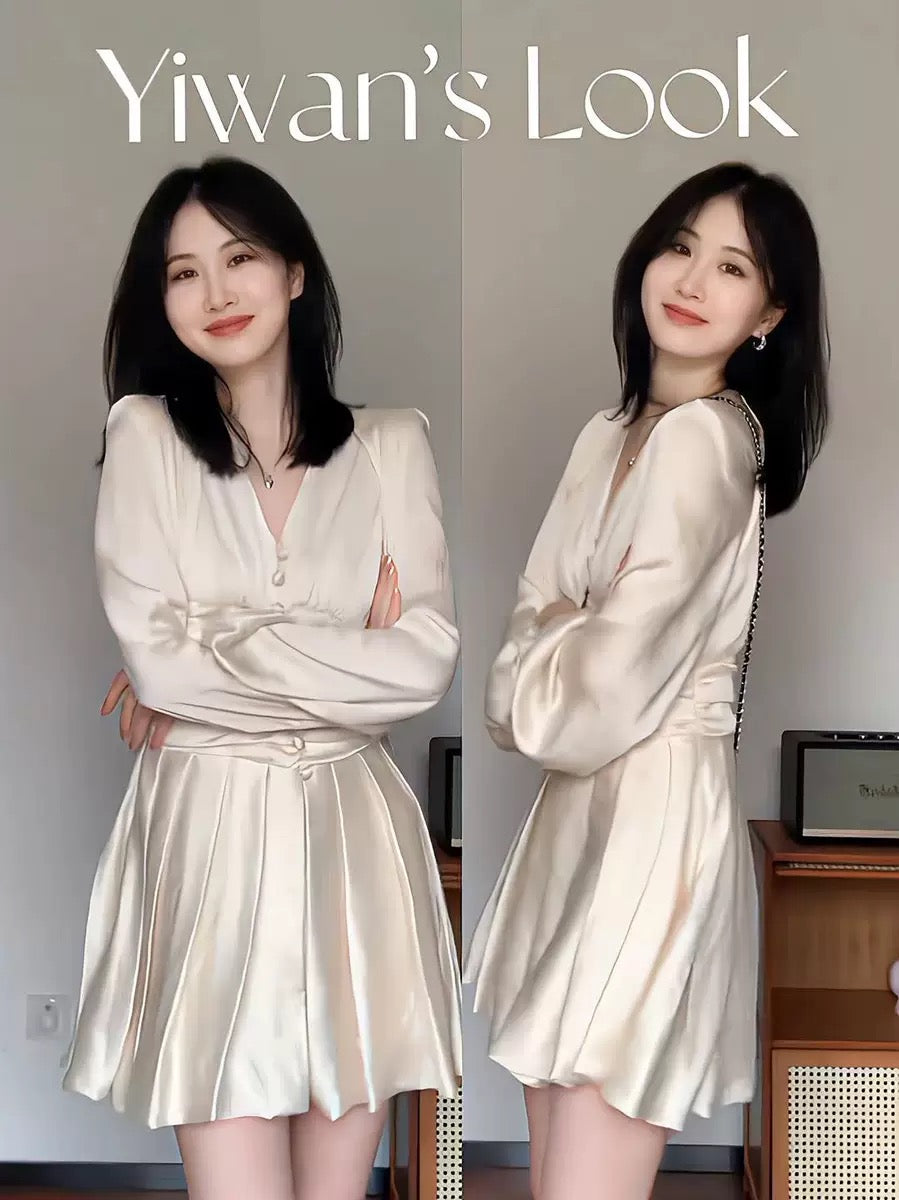 KUAN JI summer new style French elegant and gentle ladylike dress short V-neck high waist slimming