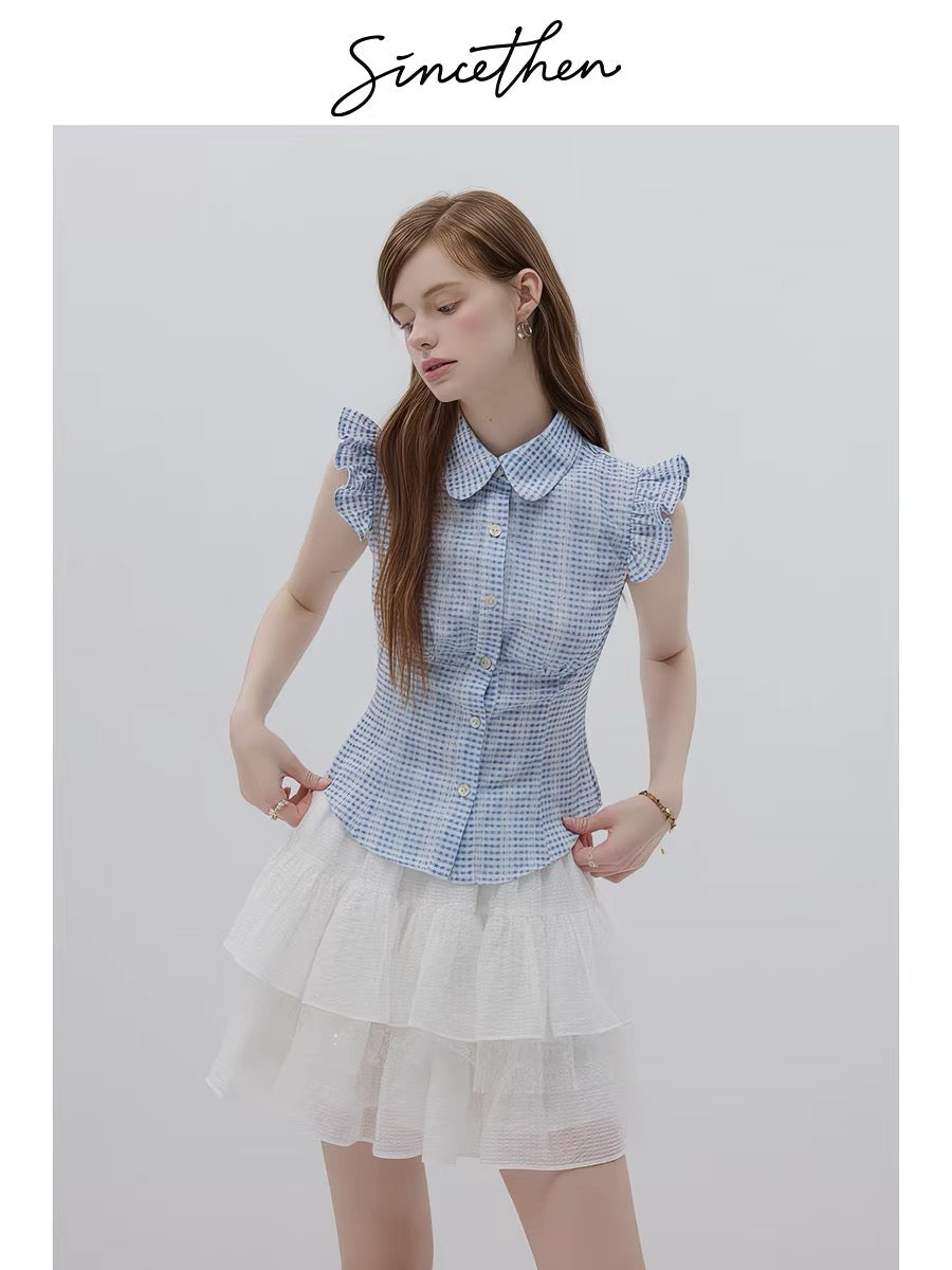 Sincethen French retro style top, short-sleeved plaid t-shirt, blue shirt, Peter Pan collar, women's summer