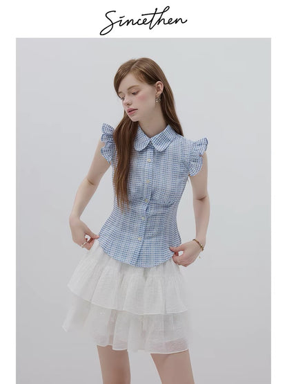 Sincethen French retro style top, short-sleeved plaid t-shirt, blue shirt, Peter Pan collar, women's summer