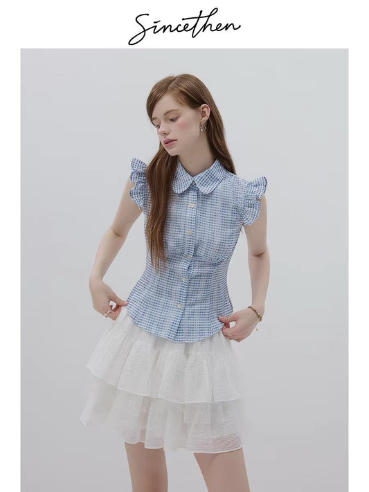 Sincethen French retro style top, short-sleeved plaid t-shirt, blue shirt, Peter Pan collar, women's summer