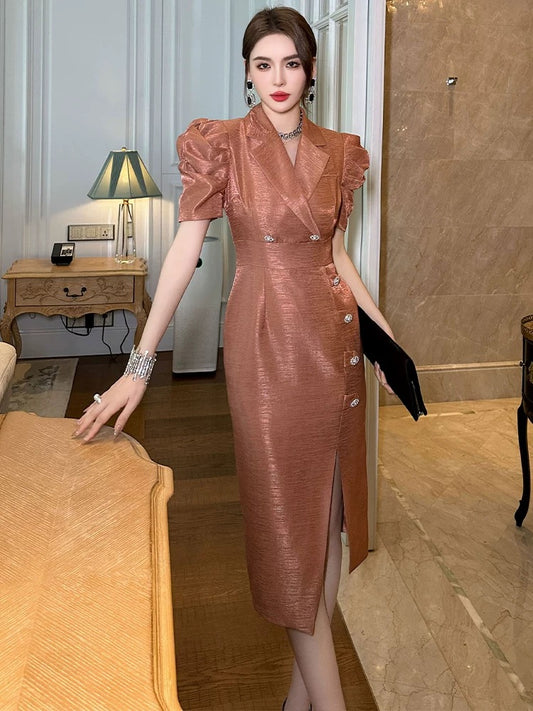 European Station Acetate Dress Summer Women's Formal Occasion French Retro Slim Fit Slit Skirt