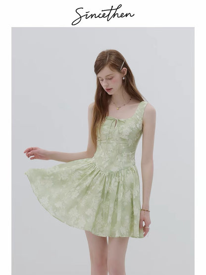 Sincethen French-style green slip dress with floral print, high-end tea dress for women, summer.
