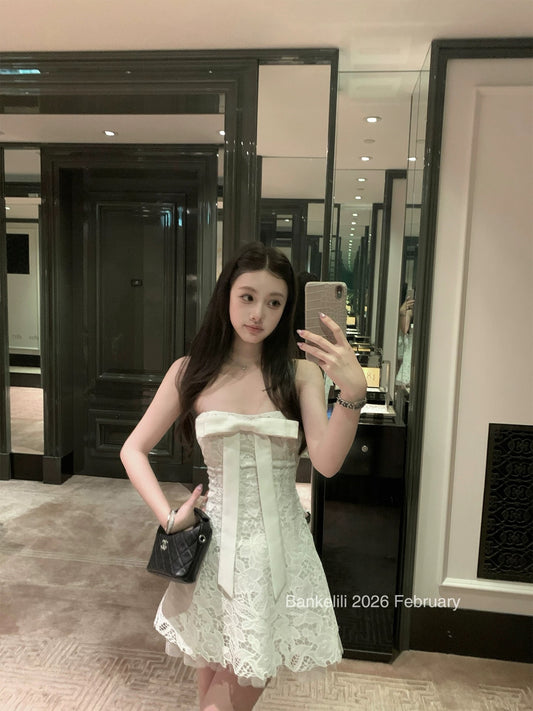Bankelili's "White Lover" heavy-duty strapless bow-embellished lace dress