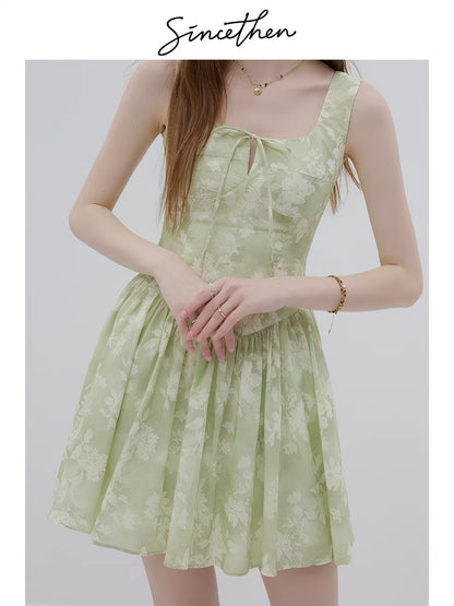 Sincethen French-style green slip dress with floral print, high-end tea dress for women, summer.