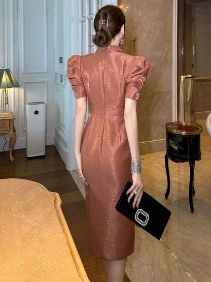 European Station Acetate Dress Summer Women's Formal Occasion French Retro Slim Fit Slit Skirt