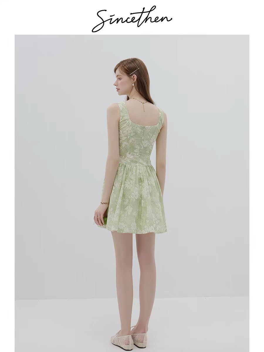 Sincethen French-style green slip dress with floral print, high-end tea dress for women, summer.