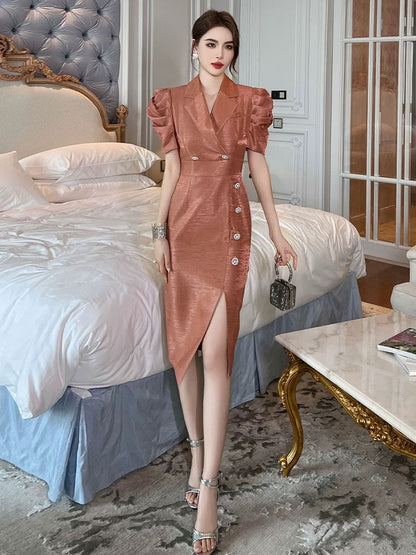 European Station Acetate Dress Summer Women's Formal Occasion French Retro Slim Fit Slit Skirt