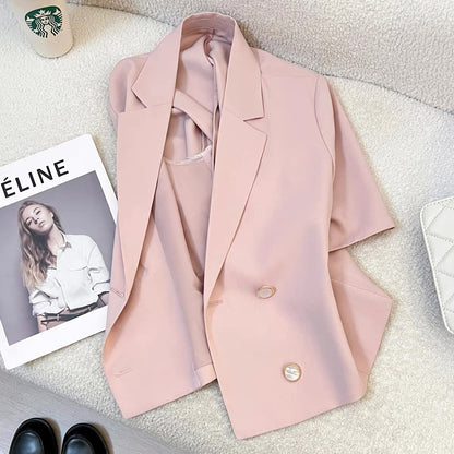 Summer thin pink petite suit jacket for women 2025 new style temperament high-end goddess style short-sleeved top