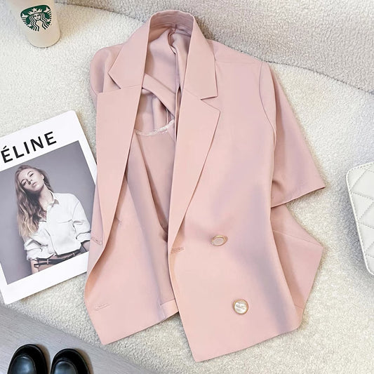 Summer thin pink petite suit jacket for women 2025 new style temperament high-end goddess style short-sleeved top