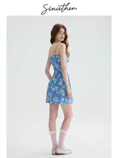 Sincethen French-style short slip dress, petite dress, blue A-line skirt, beach outfit.