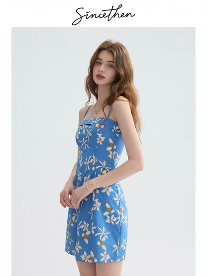 Sincethen French-style short slip dress, petite dress, blue A-line skirt, beach outfit.