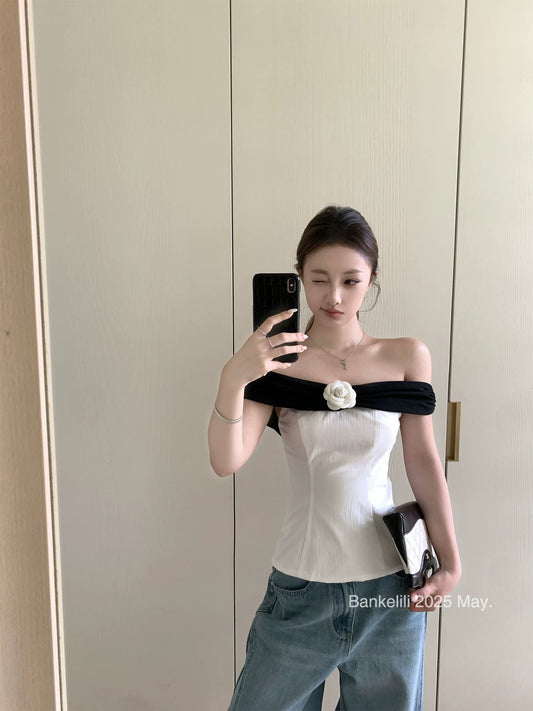 Bankelili 'Castle Swan' Off-Shoulder Color Block Waist-cinching Camellia Strapless Top