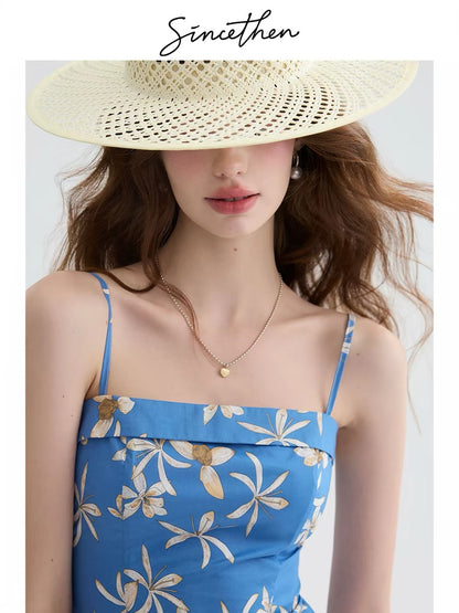 Sincethen French-style short slip dress, petite dress, blue A-line skirt, beach outfit.