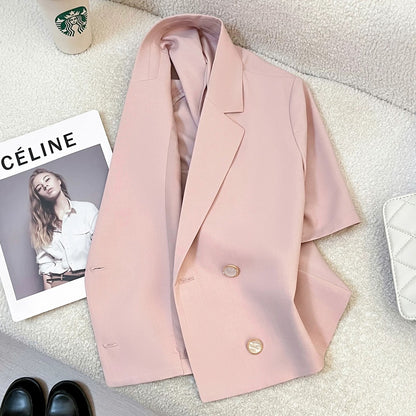 Summer thin pink petite suit jacket for women 2025 new style temperament high-end goddess style short-sleeved top