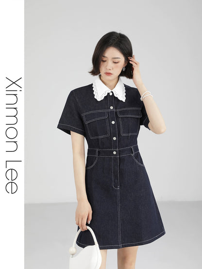 XinmonLee Hong Kong style retro chic denim dress women's new summer design waist slimming skirt
