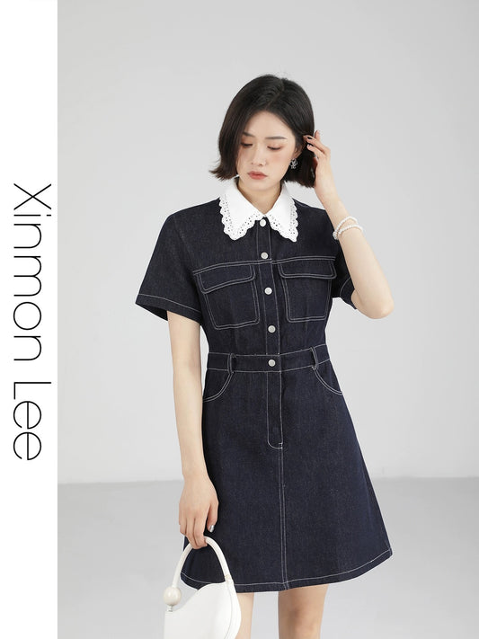 XinmonLee Hong Kong style retro chic denim dress women's new summer design waist slimming skirt