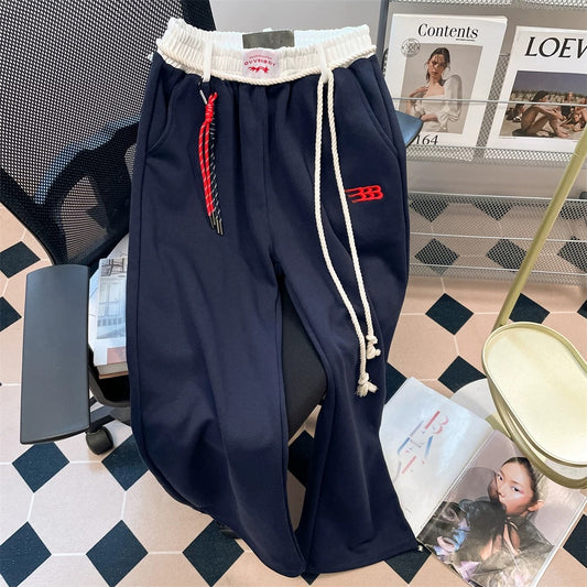 American hiphop casual sports drawstring sweatpants for women in autumn and winter with velvet design and spliced waist straight wide-leg pants
