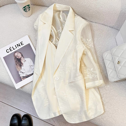 Summer light beige temperament embroidered suit jacket for women 2025 new style high-end fashion all-match small suit