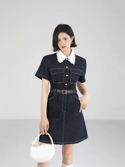 XinmonLee Hong Kong style retro chic denim dress women's new summer design waist slimming skirt