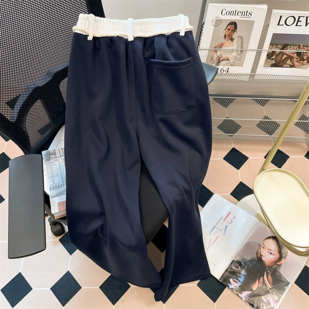American hiphop casual sports drawstring sweatpants for women in autumn and winter with velvet design and spliced waist straight wide-leg pants