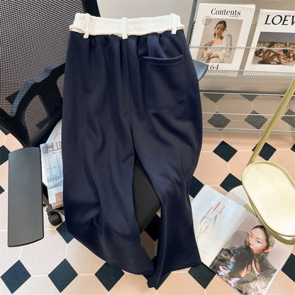 American hiphop casual sports drawstring sweatpants for women in autumn and winter with velvet design and spliced waist straight wide-leg pants