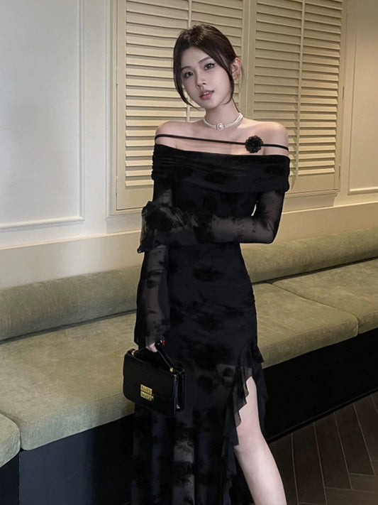 instunning French black one-shoulder mesh long-sleeved dress for women early autumn irregular slit long skirt