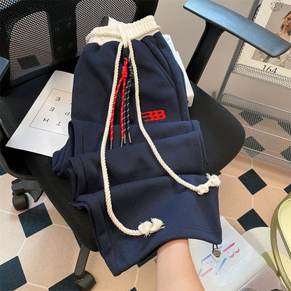 American hiphop casual sports drawstring sweatpants for women in autumn and winter with velvet design and spliced waist straight wide-leg pants