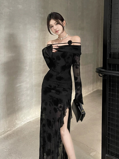instunning French black one-shoulder mesh long-sleeved dress for women early autumn irregular slit long skirt