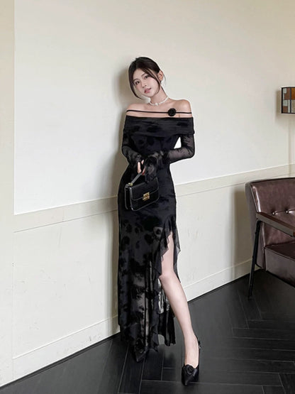 instunning French black one-shoulder mesh long-sleeved dress for women early autumn irregular slit long skirt