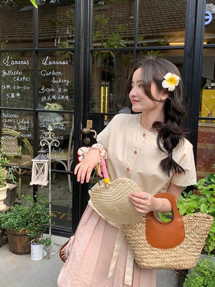 2024 new fashion suit textured lace waisted temperament short-sleeved shirt + versatile solid color skirt for women