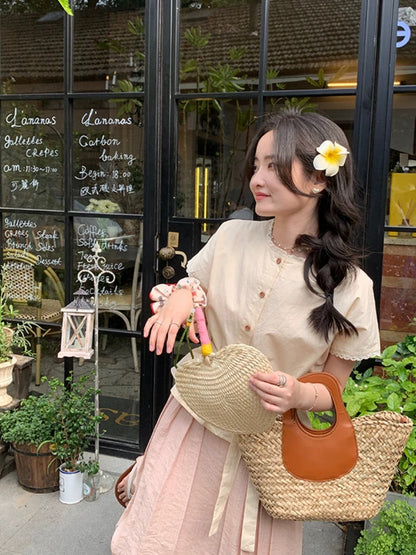 2024 new fashion suit textured lace waisted temperament short-sleeved shirt + versatile solid color skirt for women