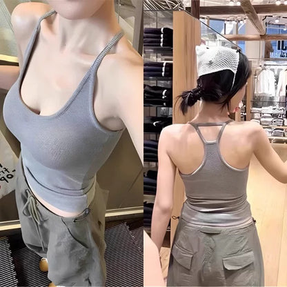 Hot girl backless halter neck suspenders for women in summer, versatile sports vest for slimming and beautiful back navy blue top
