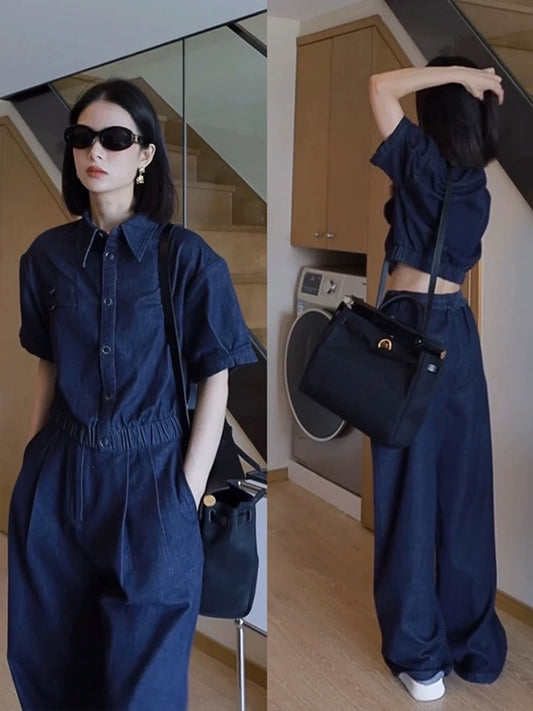 Powerful aura women's high-end tops that hit the streets and Internet celebrities hit high-street style denim wide-leg pants suits for women in summer