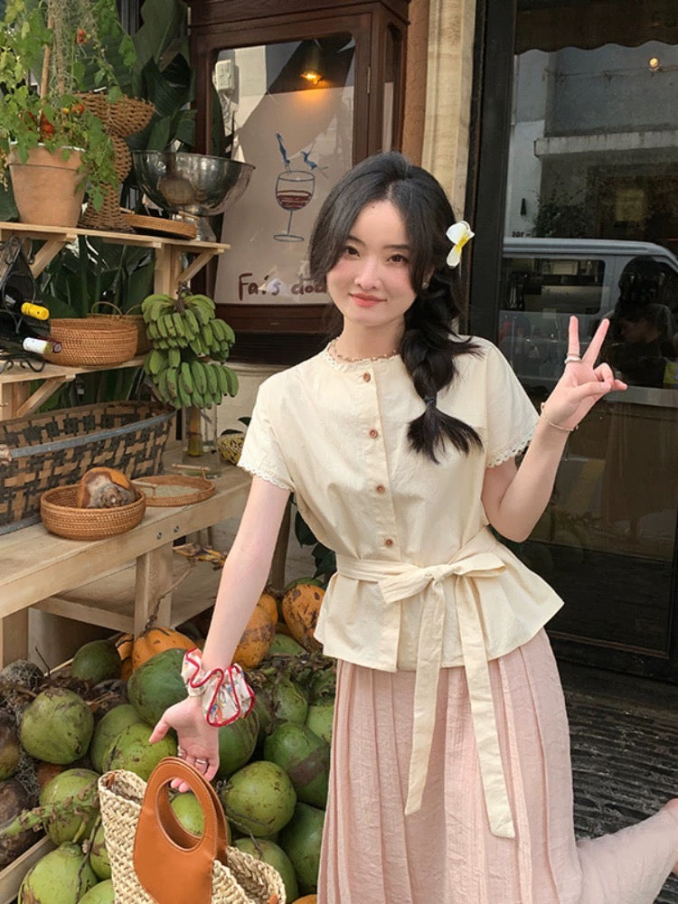 2024 new fashion suit textured lace waisted temperament short-sleeved shirt + versatile solid color skirt for women